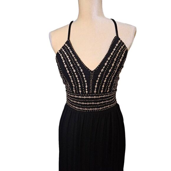 Lulus black with gold accents crossback spaghetti strap gown. Size M. - Picture 7 of 11